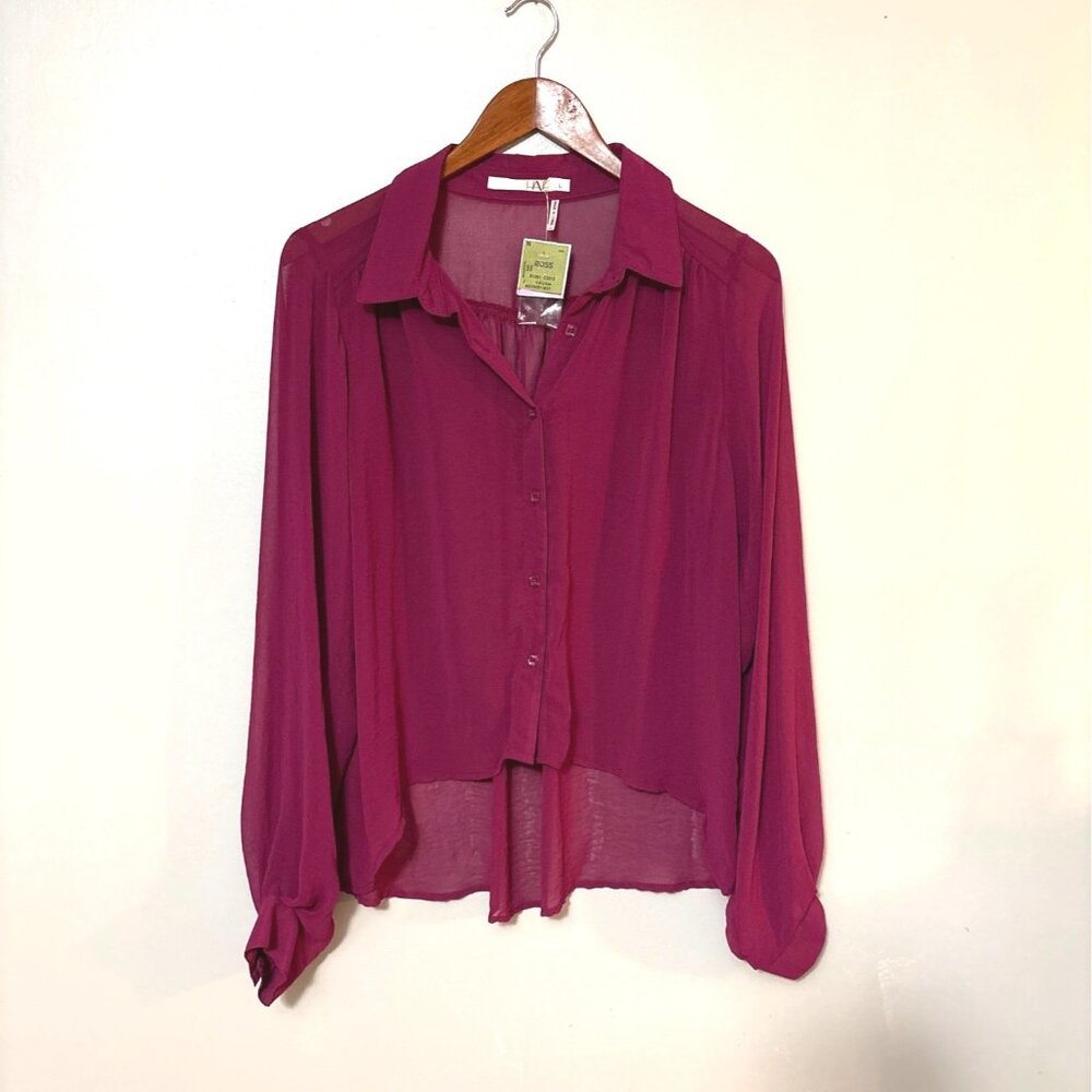 NWT Have Large Y2K sheer hi-lo button up top ballon sleeve whimsygoth dark red